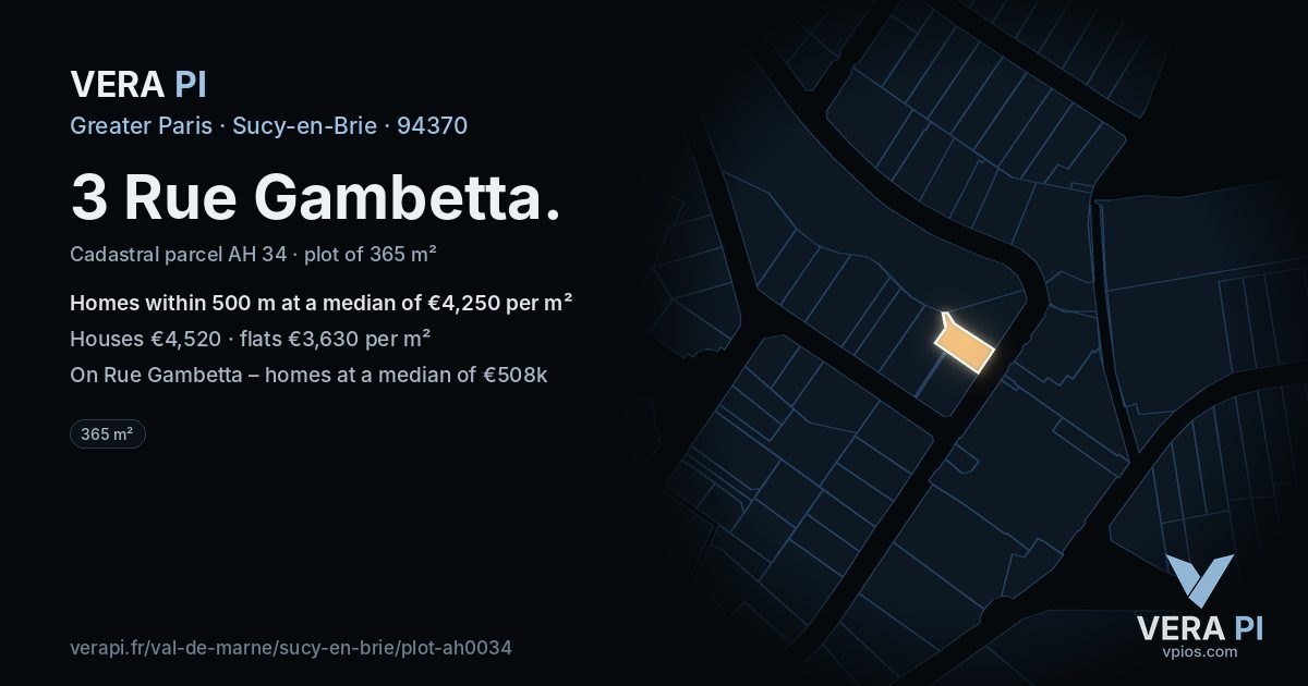 3 Rue Gambetta, Sucy-en-Brie at night – the plot lit, the parcels around coloured by the prices near them