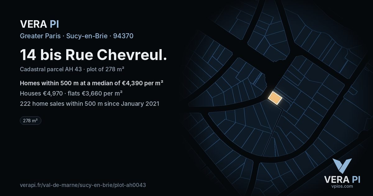 14 bis Rue Chevreul, Sucy-en-Brie at night – the plot lit, the parcels around coloured by the prices near them