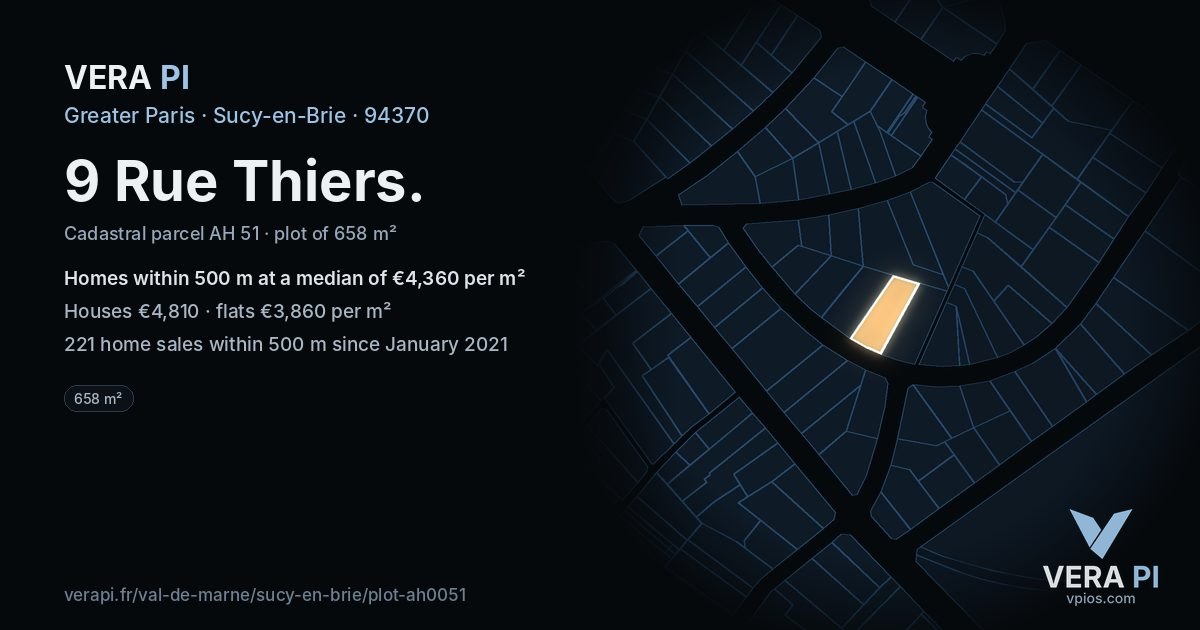 9 Rue Thiers, Sucy-en-Brie at night – the plot lit, the parcels around coloured by the prices near them