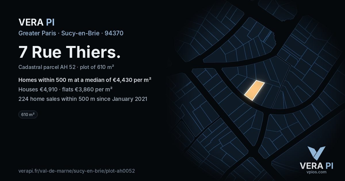 7 Rue Thiers, Sucy-en-Brie at night – the plot lit, the parcels around coloured by the prices near them