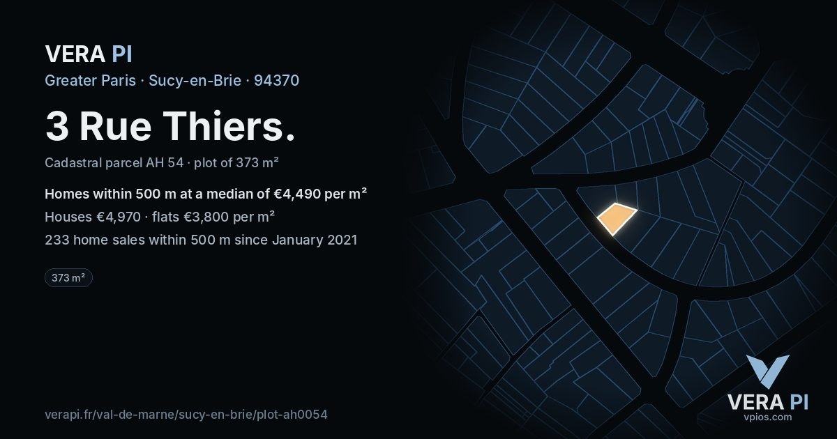 3 Rue Thiers, Sucy-en-Brie at night – the plot lit, the parcels around coloured by the prices near them