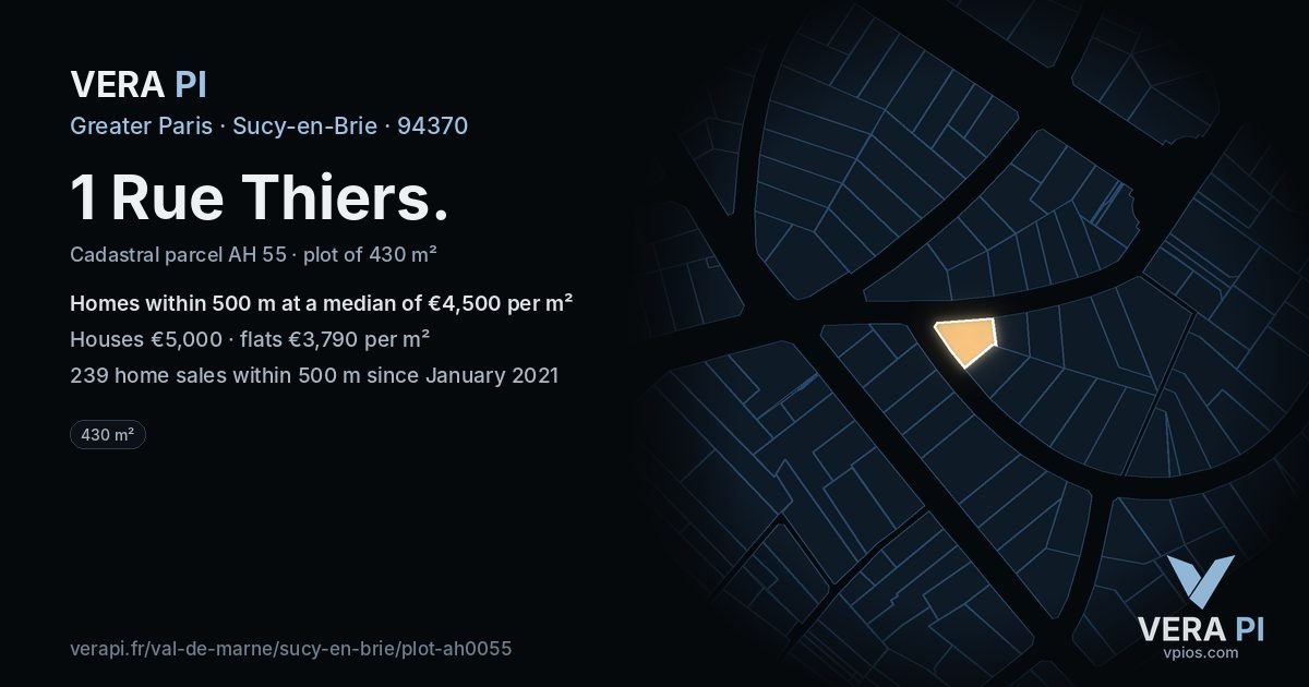 1 Rue Thiers, Sucy-en-Brie at night – the plot lit, the parcels around coloured by the prices near them
