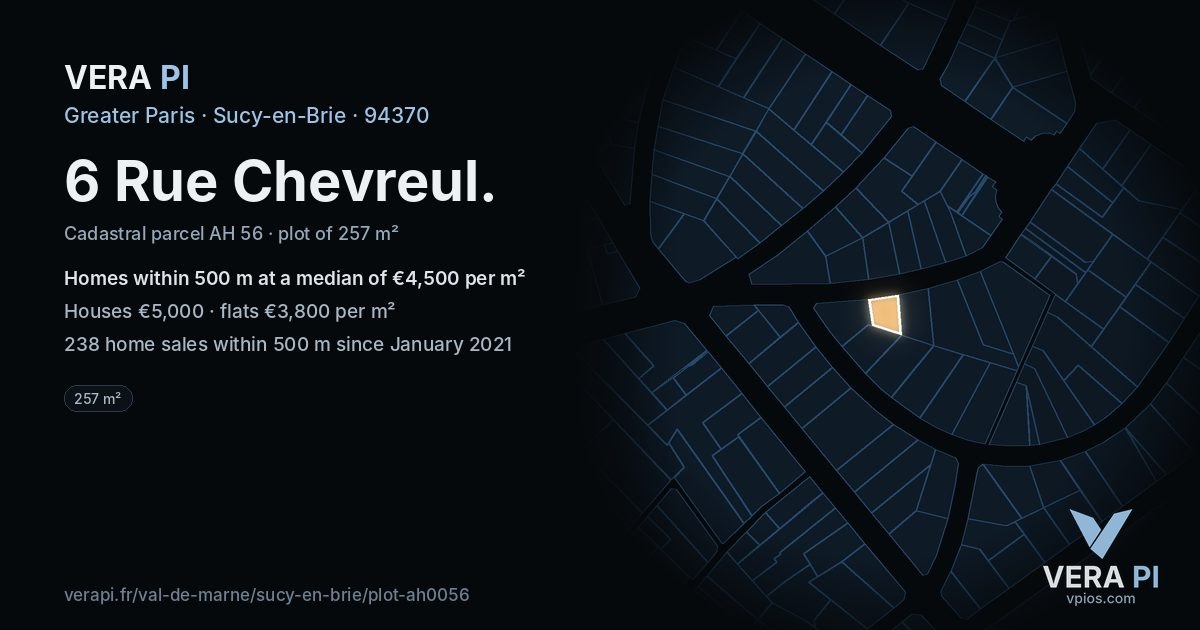 6 Rue Chevreul, Sucy-en-Brie at night – the plot lit, the parcels around coloured by the prices near them