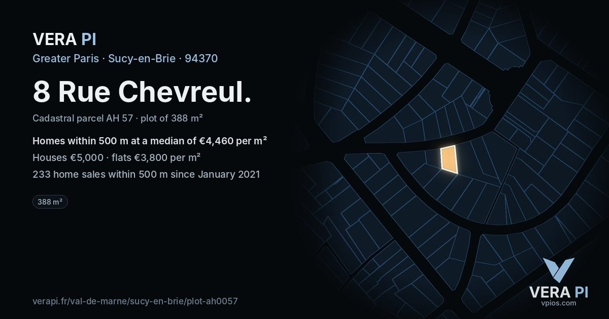 8 Rue Chevreul, Sucy-en-Brie at night – the plot lit, the parcels around coloured by the prices near them