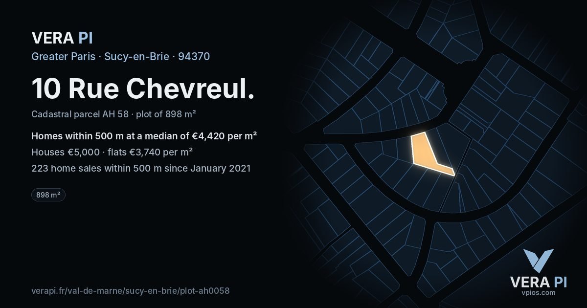 10 Rue Chevreul, Sucy-en-Brie at night – the plot lit, the parcels around coloured by the prices near them