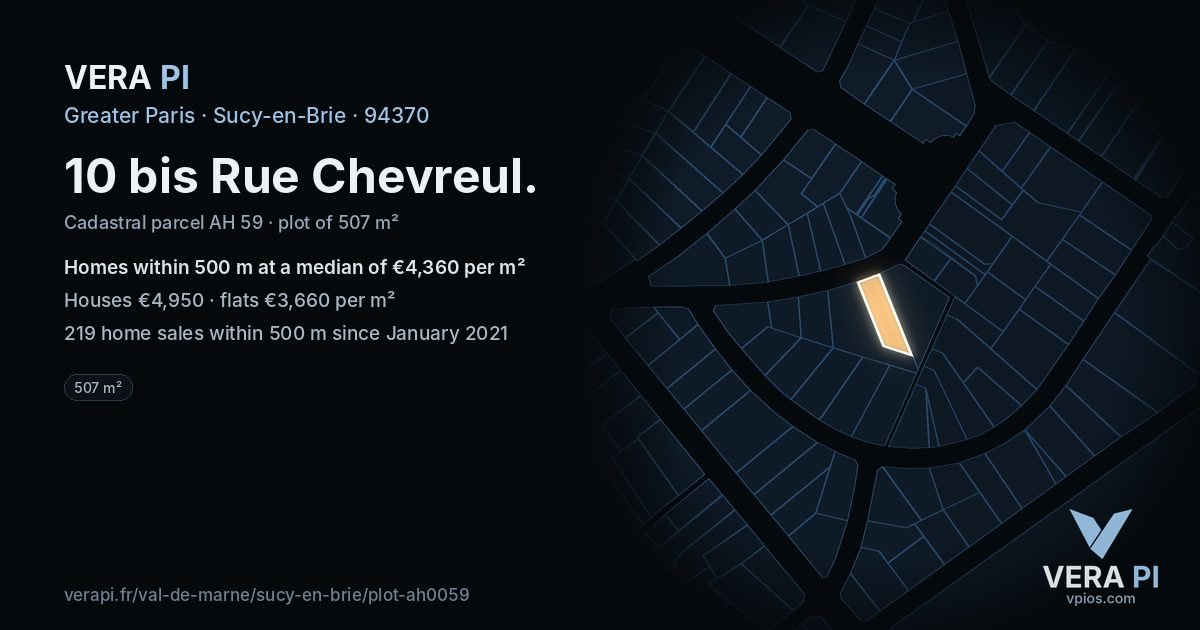 10 bis Rue Chevreul, Sucy-en-Brie at night – the plot lit, the parcels around coloured by the prices near them