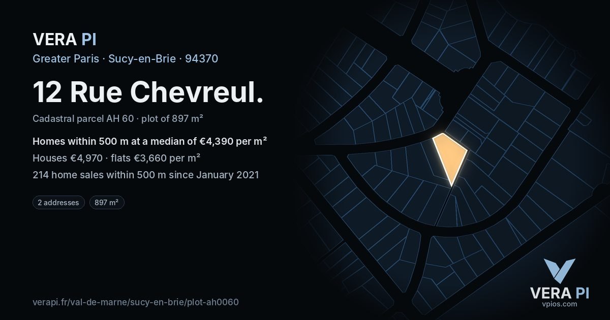 12 Rue Chevreul, Sucy-en-Brie at night – the plot lit, the parcels around coloured by the prices near them