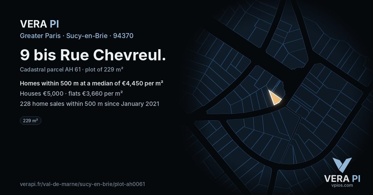 9 bis Rue Chevreul, Sucy-en-Brie at night – the plot lit, the parcels around coloured by the prices near them