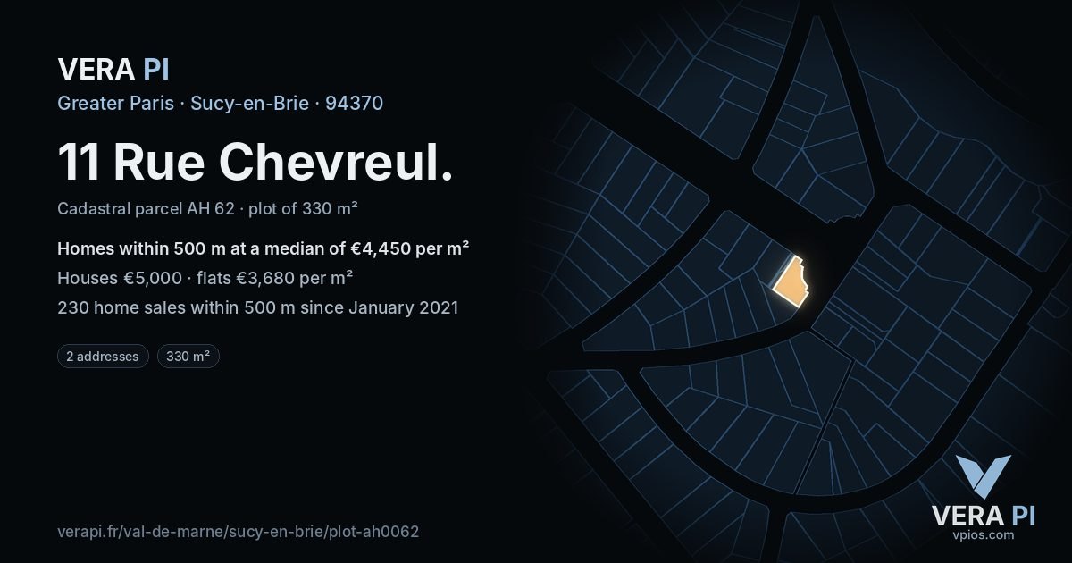 11 Rue Chevreul, Sucy-en-Brie at night – the plot lit, the parcels around coloured by the prices near them