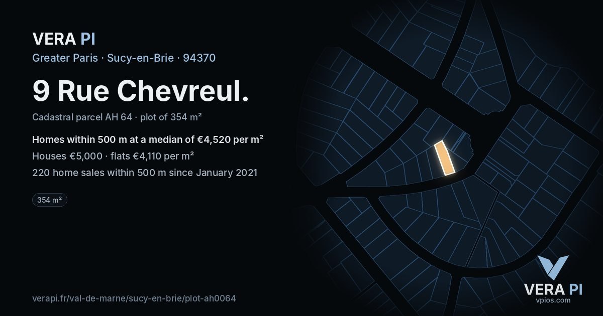 9 Rue Chevreul, Sucy-en-Brie at night – the plot lit, the parcels around coloured by the prices near them