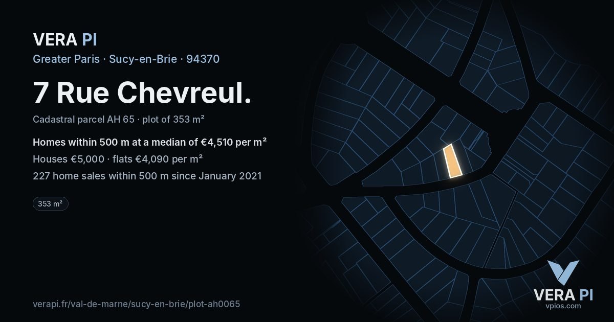 7 Rue Chevreul, Sucy-en-Brie at night – the plot lit, the parcels around coloured by the prices near them