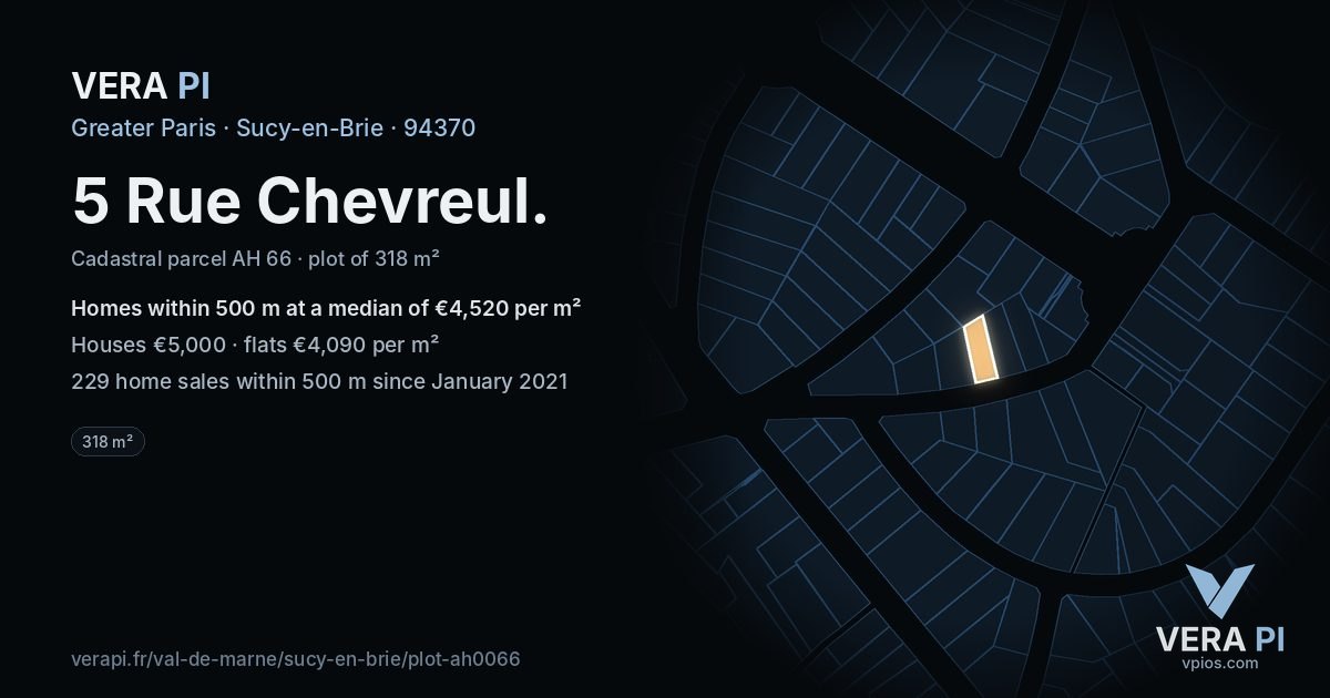5 Rue Chevreul, Sucy-en-Brie at night – the plot lit, the parcels around coloured by the prices near them