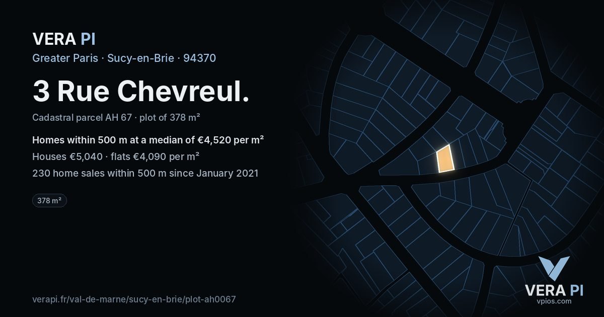 3 Rue Chevreul, Sucy-en-Brie at night – the plot lit, the parcels around coloured by the prices near them