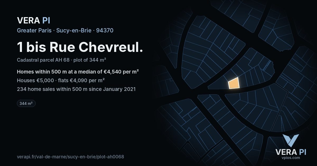 1 bis Rue Chevreul, Sucy-en-Brie at night – the plot lit, the parcels around coloured by the prices near them