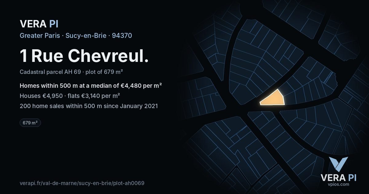 1 Rue Chevreul, Sucy-en-Brie at night – the plot lit, the parcels around coloured by the prices near them