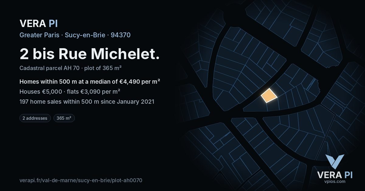2 bis Rue Michelet, Sucy-en-Brie at night – the plot lit, the parcels around coloured by the prices near them