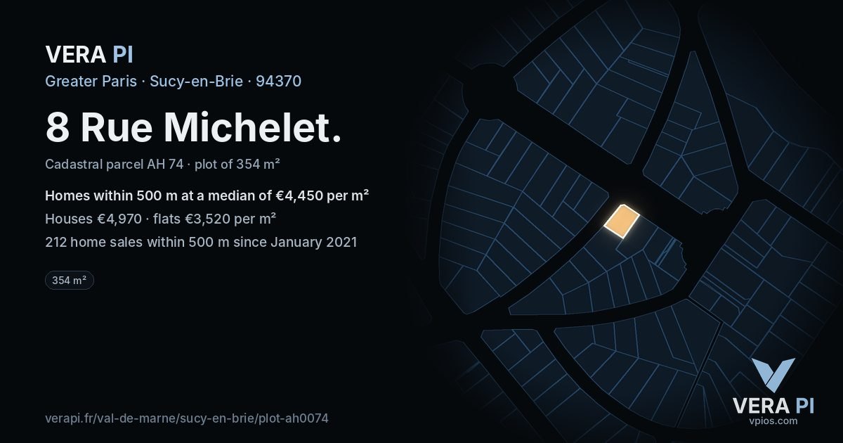 8 Rue Michelet, Sucy-en-Brie at night – the plot lit, the parcels around coloured by the prices near them