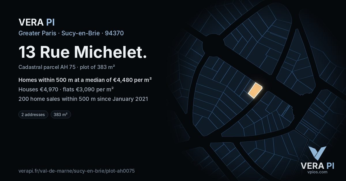 13 Rue Michelet, Sucy-en-Brie at night – the plot lit, the parcels around coloured by the prices near them