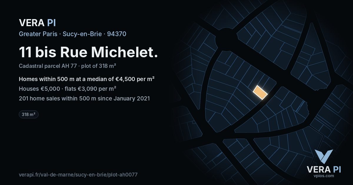 11 bis Rue Michelet, Sucy-en-Brie at night – the plot lit, the parcels around coloured by the prices near them