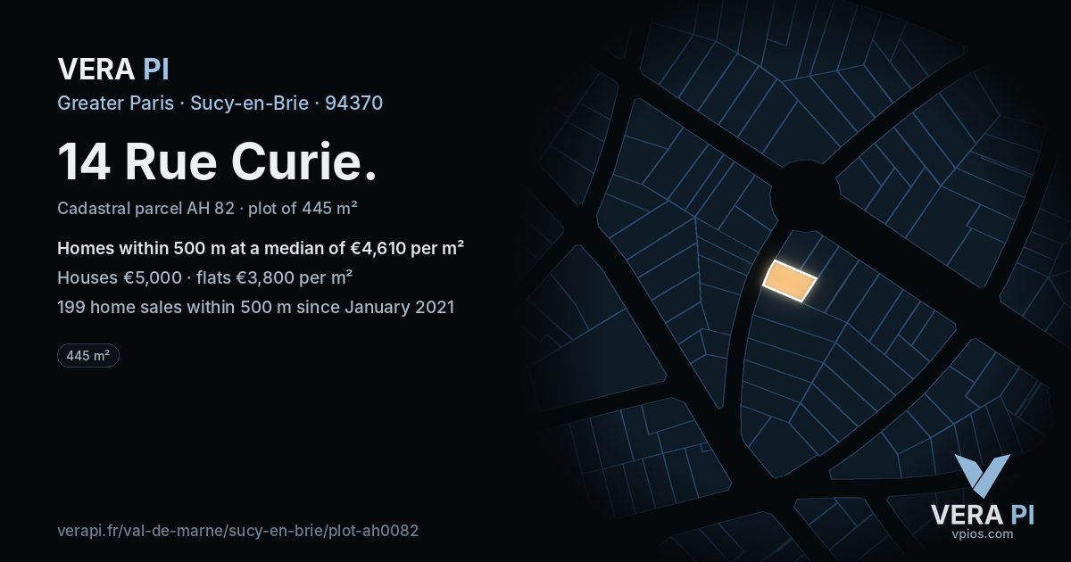 14 Rue Curie, Sucy-en-Brie at night – the plot lit, the parcels around coloured by the prices near them