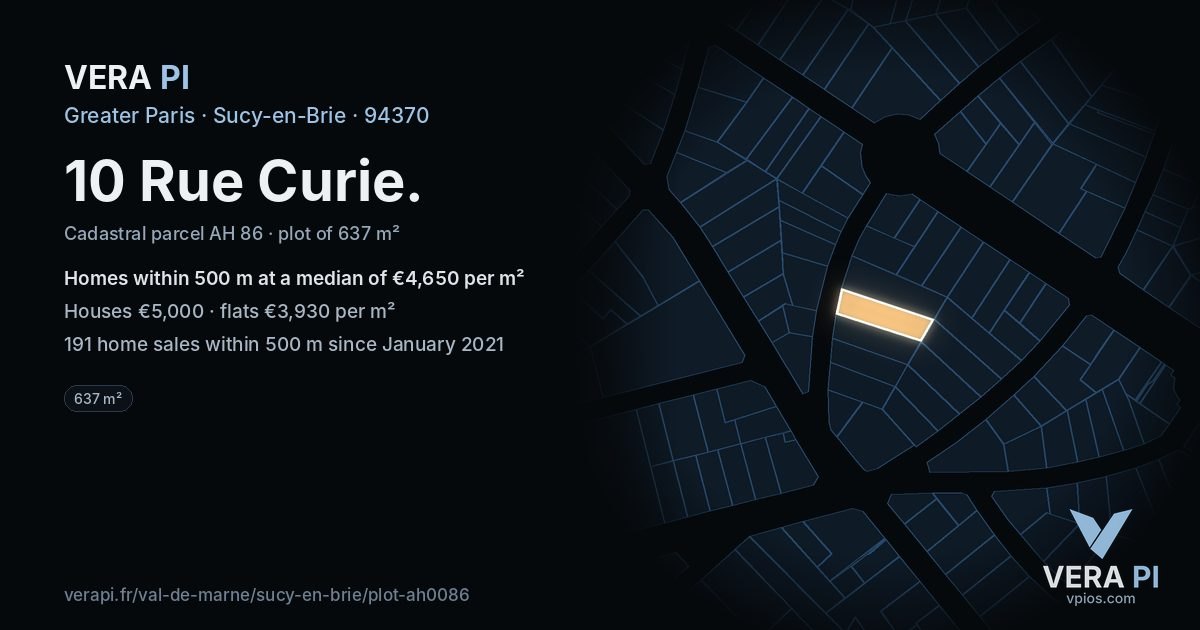 10 Rue Curie, Sucy-en-Brie at night – the plot lit, the parcels around coloured by the prices near them