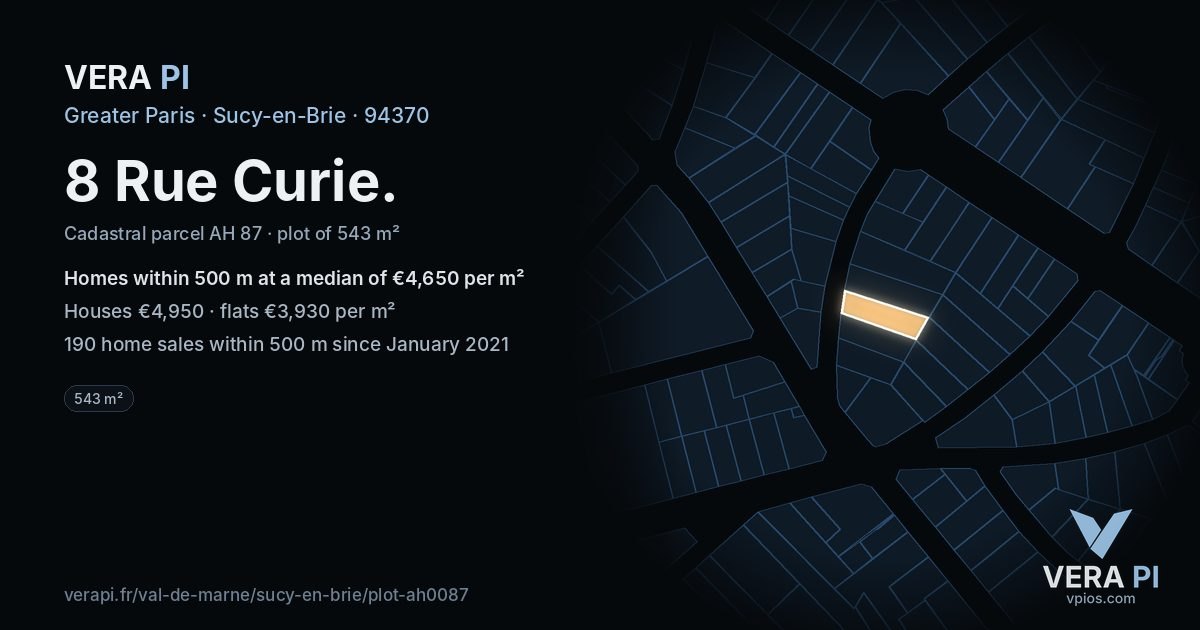 8 Rue Curie, Sucy-en-Brie at night – the plot lit, the parcels around coloured by the prices near them