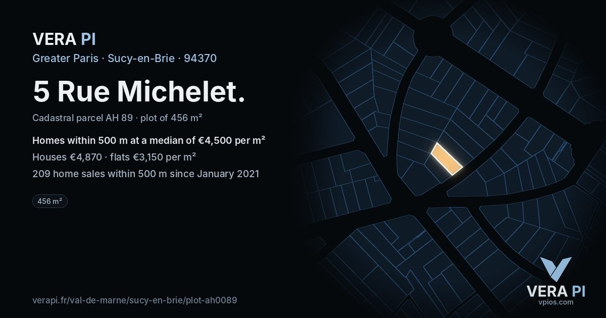 5 Rue Michelet, Sucy-en-Brie at night – the plot lit, the parcels around coloured by the prices near them