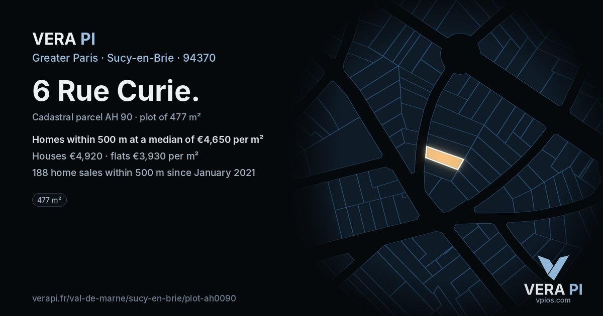 6 Rue Curie, Sucy-en-Brie at night – the plot lit, the parcels around coloured by the prices near them