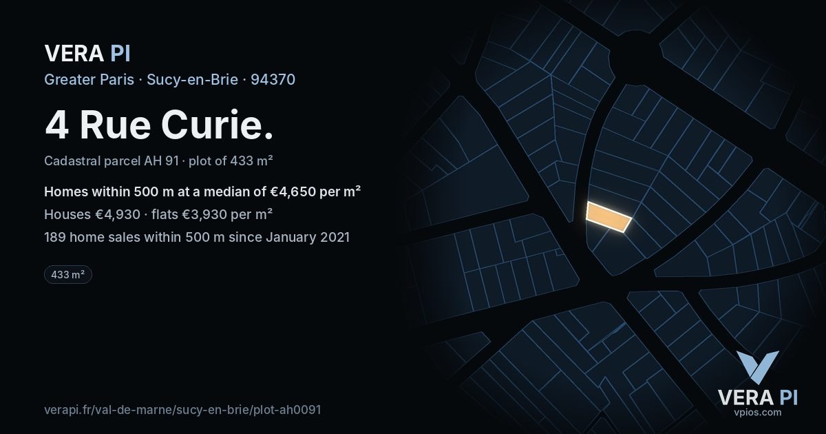 4 Rue Curie, Sucy-en-Brie at night – the plot lit, the parcels around coloured by the prices near them