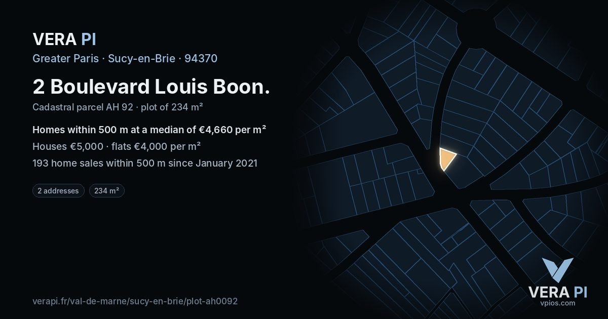 2 Boulevard Louis Boon, Sucy-en-Brie at night – the plot lit, the parcels around coloured by the prices near them