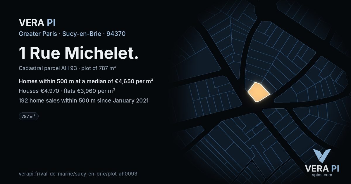 1 Rue Michelet, Sucy-en-Brie at night – the plot lit, the parcels around coloured by the prices near them