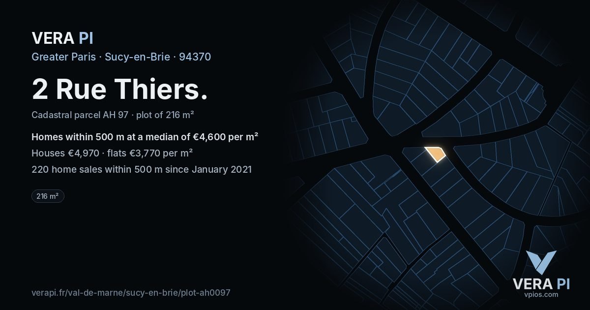 2 Rue Thiers, Sucy-en-Brie at night – the plot lit, the parcels around coloured by the prices near them