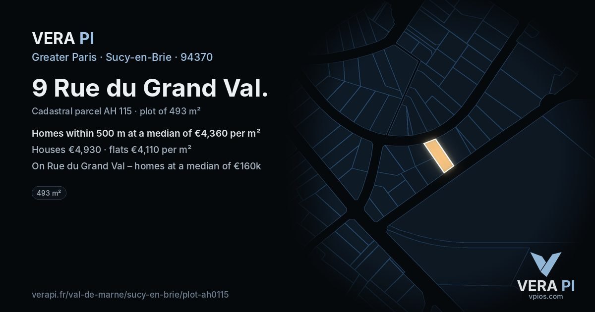 9 Rue du Grand Val, Sucy-en-Brie at night – the plot lit, the parcels around coloured by the prices near them