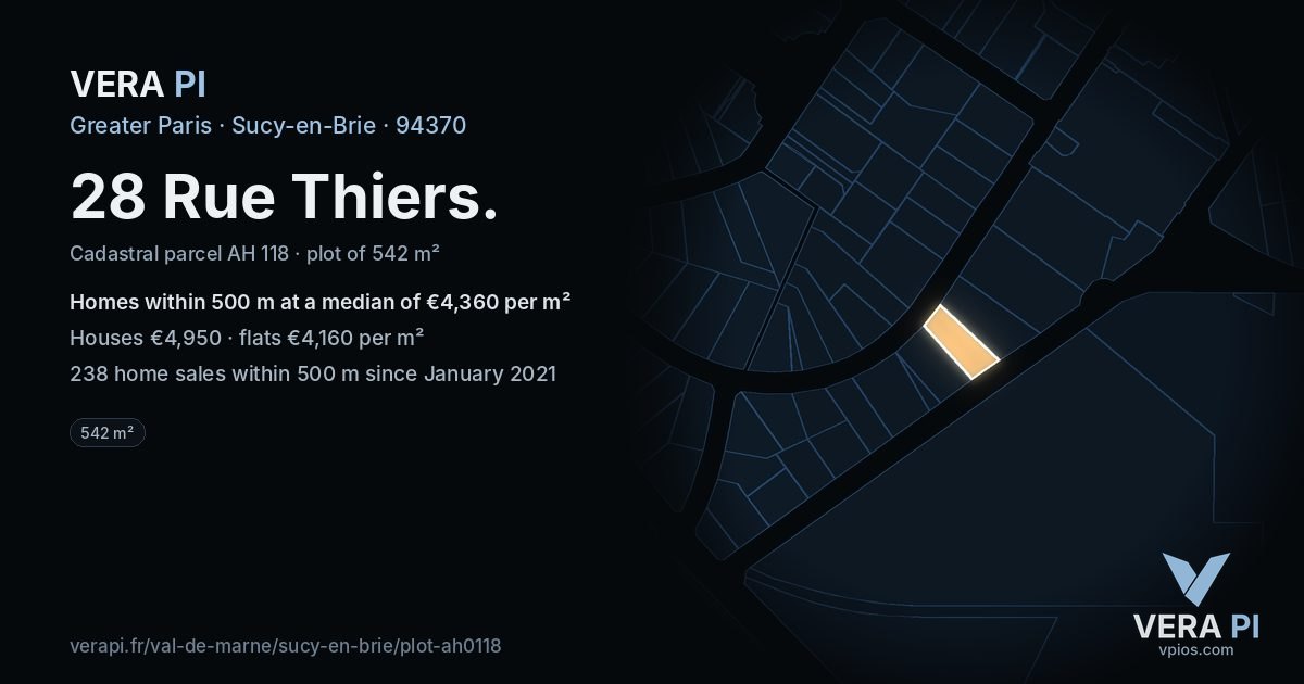 28 Rue Thiers, Sucy-en-Brie at night – the plot lit, the parcels around coloured by the prices near them