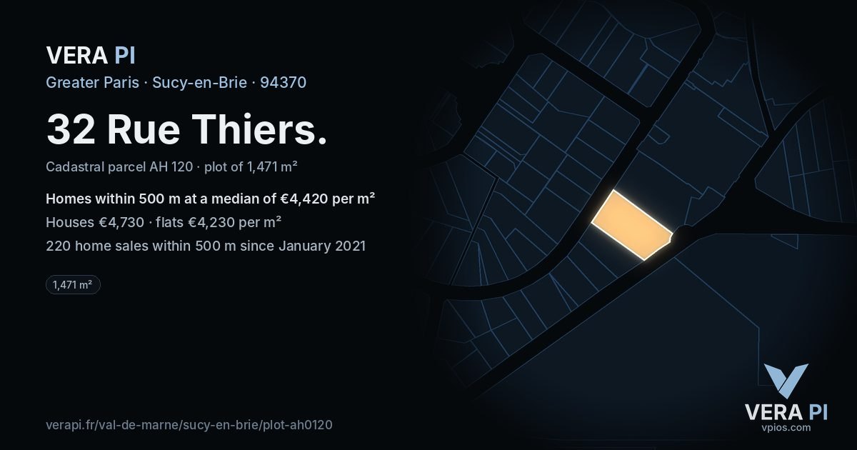 32 Rue Thiers, Sucy-en-Brie at night – the plot lit, the parcels around coloured by the prices near them
