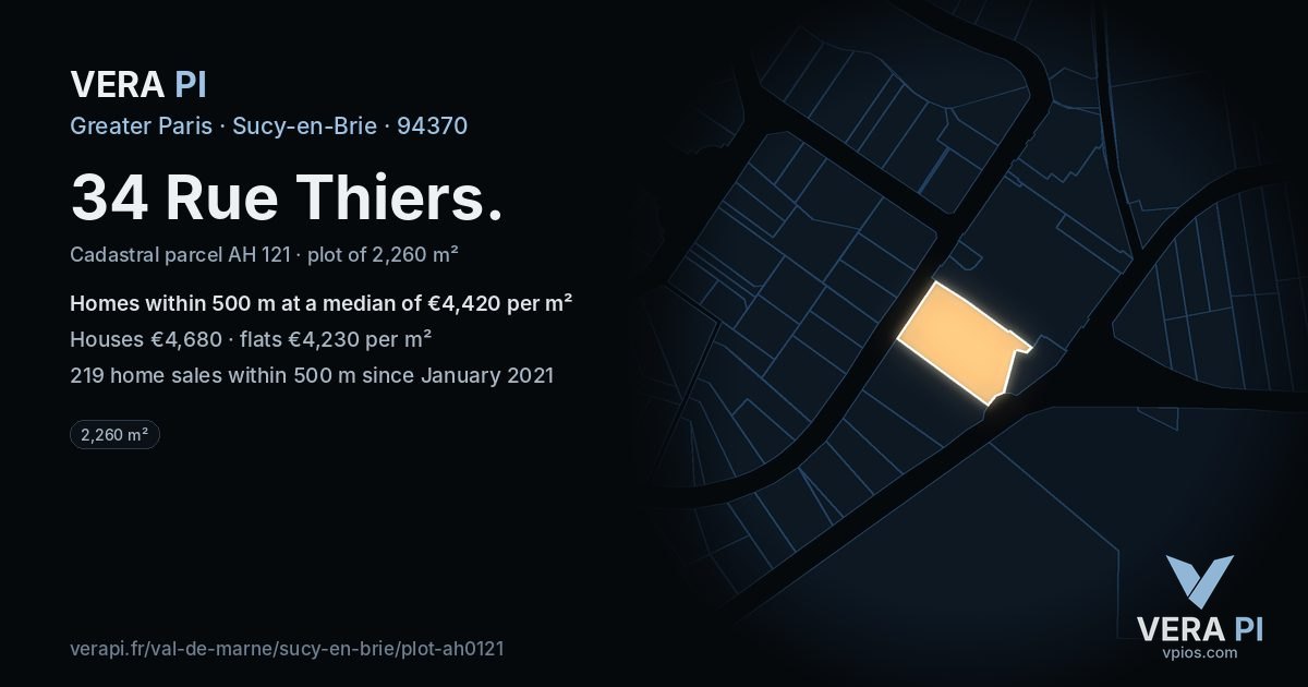 34 Rue Thiers, Sucy-en-Brie at night – the plot lit, the parcels around coloured by the prices near them
