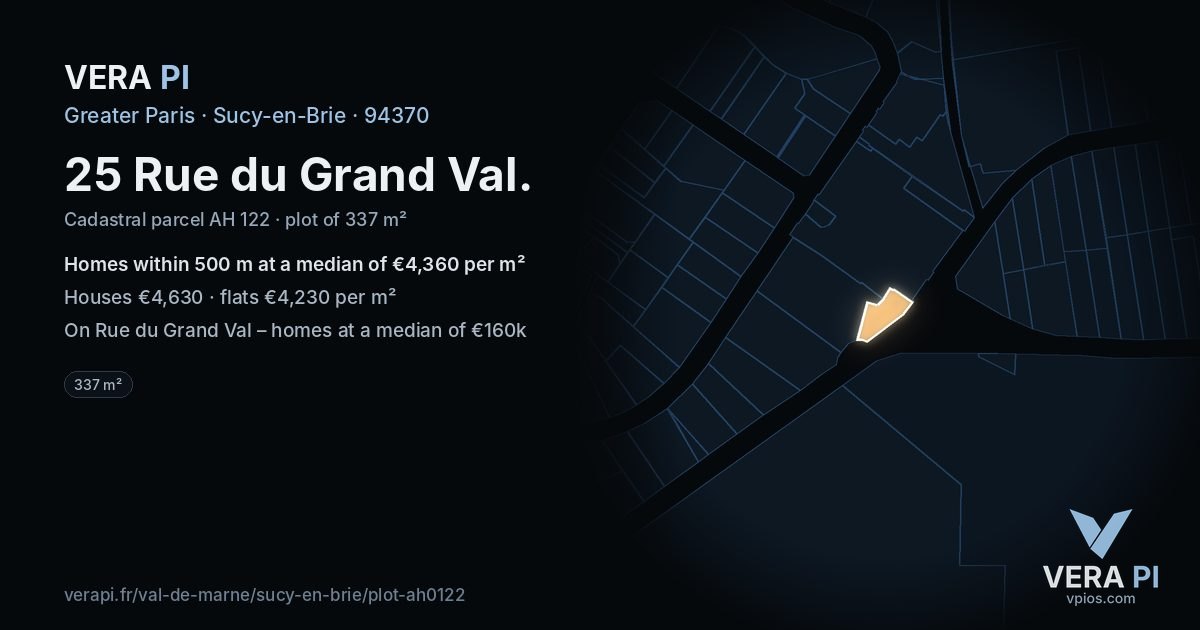 25 Rue du Grand Val, Sucy-en-Brie at night – the plot lit, the parcels around coloured by the prices near them