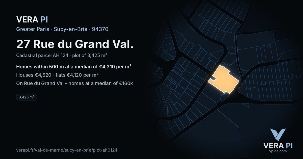 27 Rue du Grand Val, Sucy-en-Brie at night – the plot lit, the parcels around coloured by the prices near them