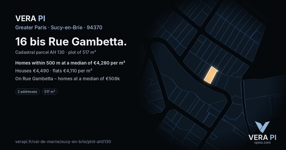 16 bis Rue Gambetta, Sucy-en-Brie at night – the plot lit, the parcels around coloured by the prices near them