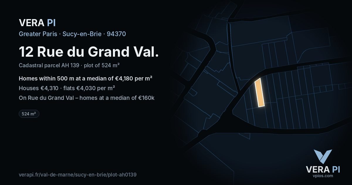 12 Rue du Grand Val, Sucy-en-Brie at night – the plot lit, the parcels around coloured by the prices near them