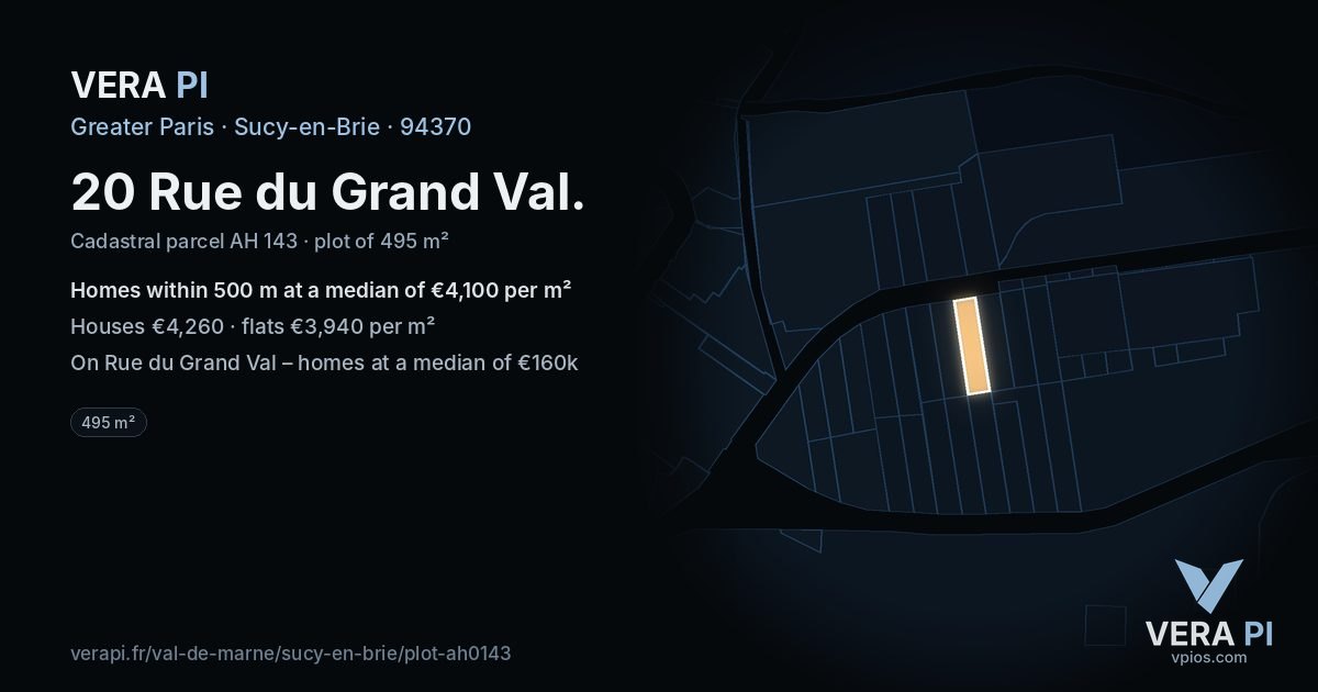 20 Rue du Grand Val, Sucy-en-Brie at night – the plot lit, the parcels around coloured by the prices near them