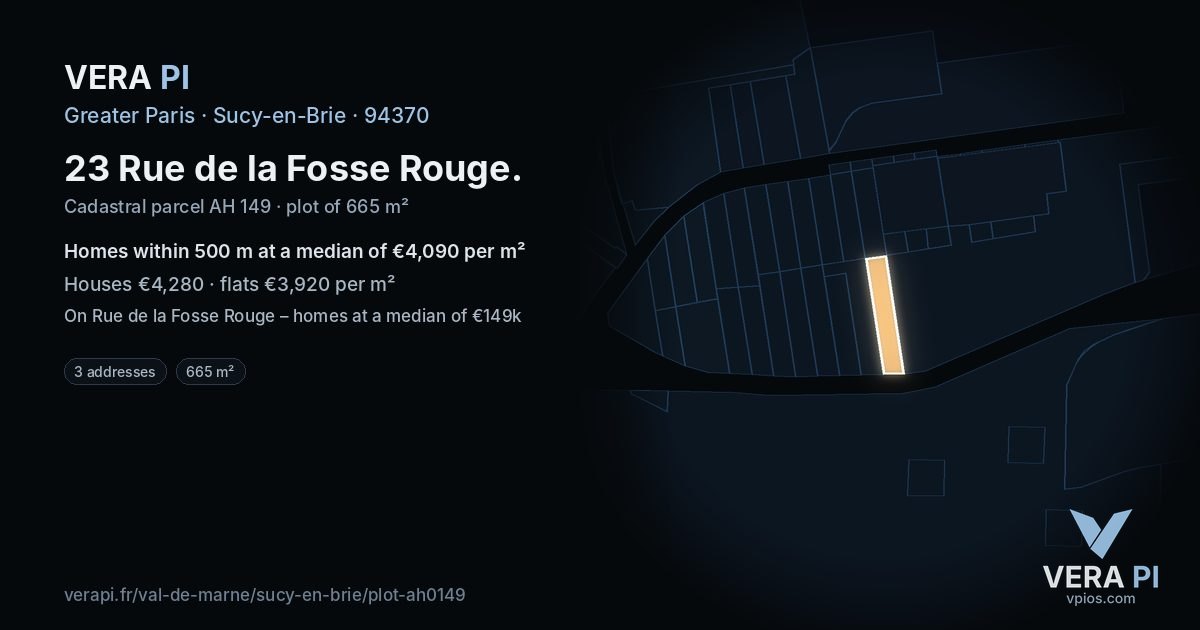 23 Rue de la Fosse Rouge, Sucy-en-Brie at night – the plot lit, the parcels around coloured by the prices near them