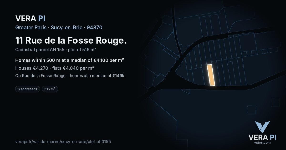 11 Rue de la Fosse Rouge, Sucy-en-Brie at night – the plot lit, the parcels around coloured by the prices near them