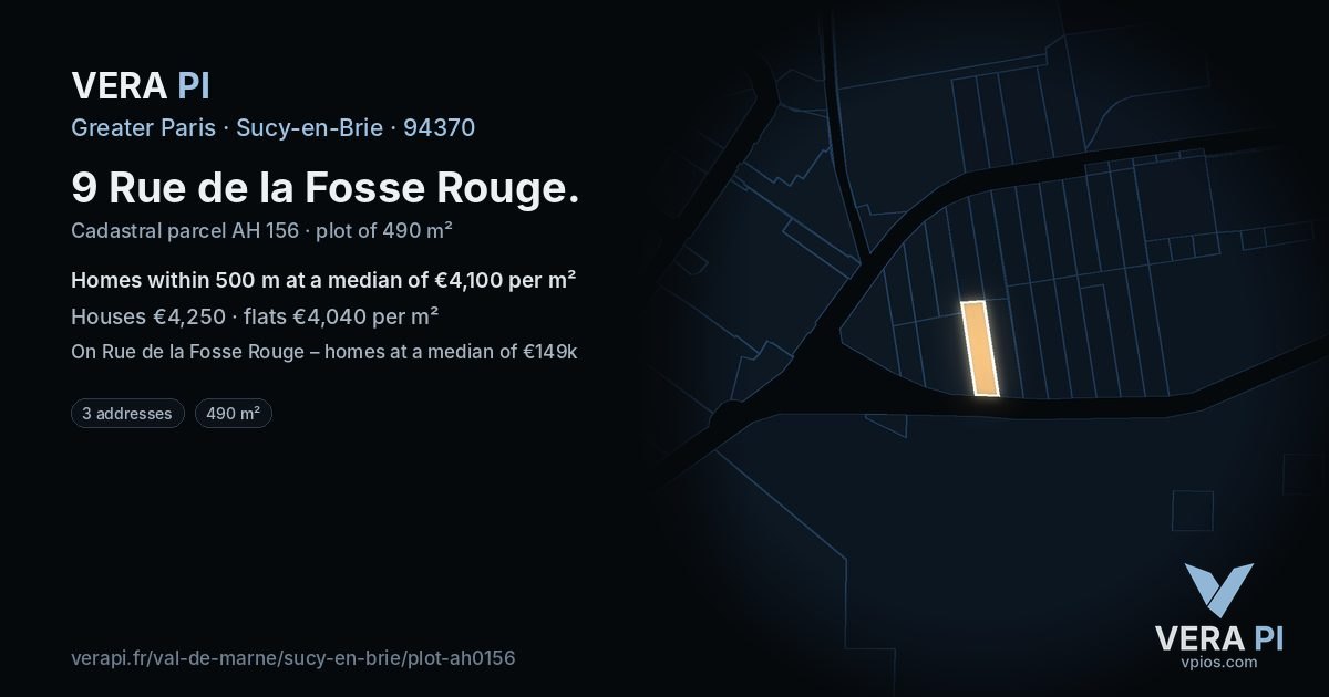 9 Rue de la Fosse Rouge, Sucy-en-Brie at night – the plot lit, the parcels around coloured by the prices near them