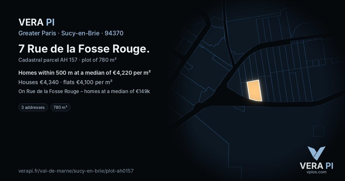 7 Rue de la Fosse Rouge, Sucy-en-Brie at night – the plot lit, the parcels around coloured by the prices near them