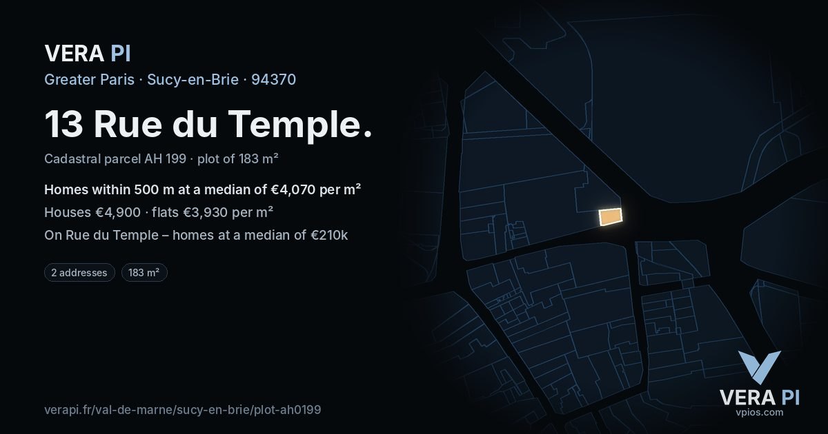 13 Rue du Temple, Sucy-en-Brie at night – the plot lit, the parcels around coloured by the prices near them