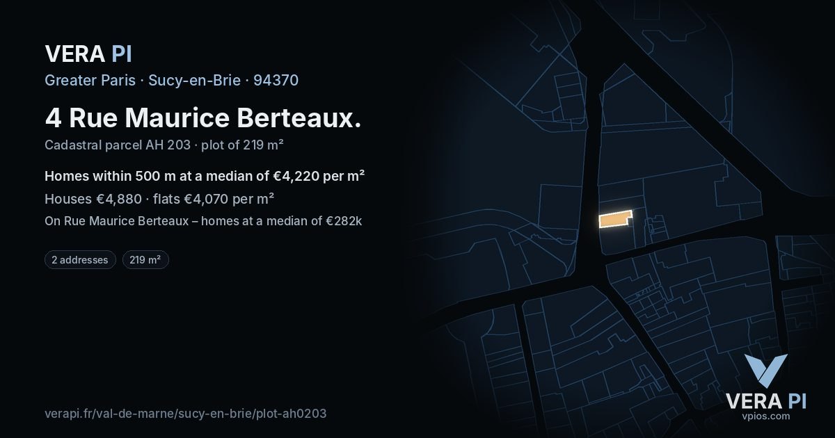 4 Rue Maurice Berteaux, Sucy-en-Brie at night – the plot lit, the parcels around coloured by the prices near them