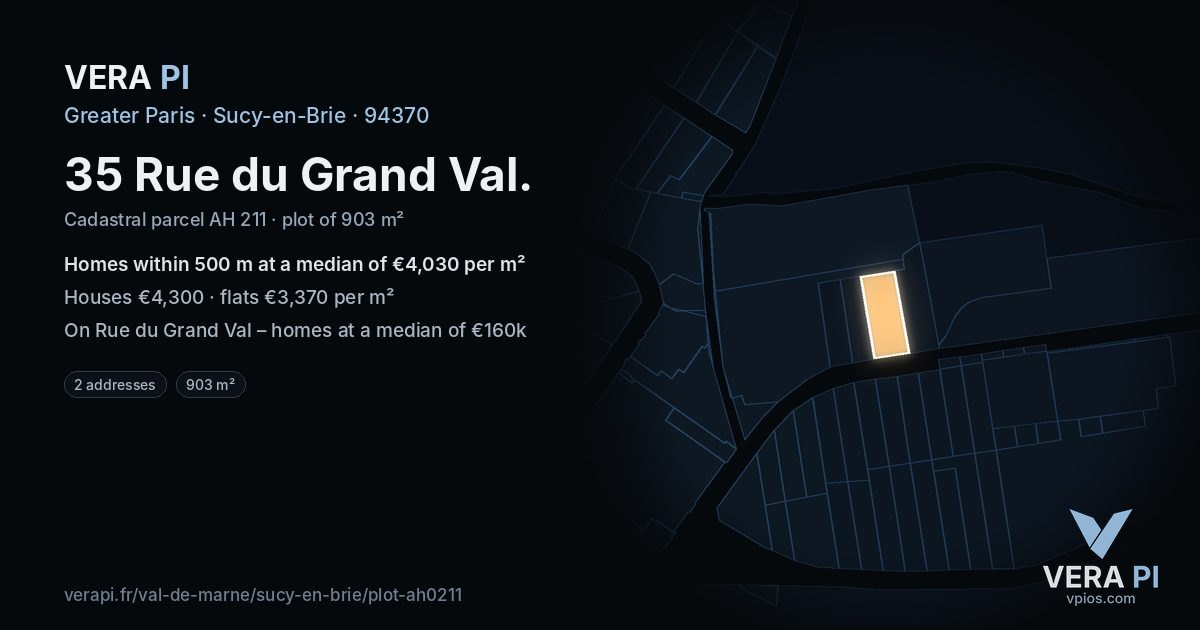 35 Rue du Grand Val, Sucy-en-Brie at night – the plot lit, the parcels around coloured by the prices near them
