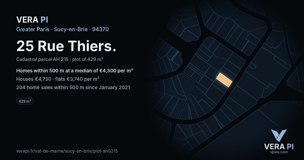 25 Rue Thiers, Sucy-en-Brie at night – the plot lit, the parcels around coloured by the prices near them
