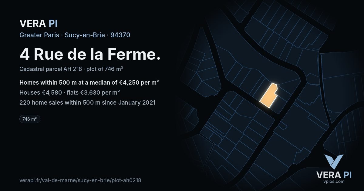 4 Rue de la Ferme, Sucy-en-Brie at night – the plot lit, the parcels around coloured by the prices near them